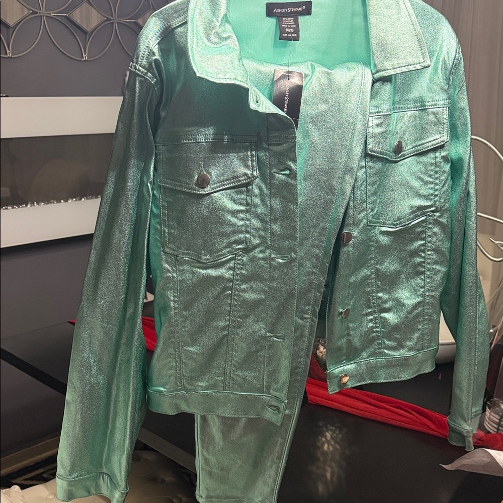 Ashley Stewart Shimmering Teal Jean Jacket - Picture 2 of 7